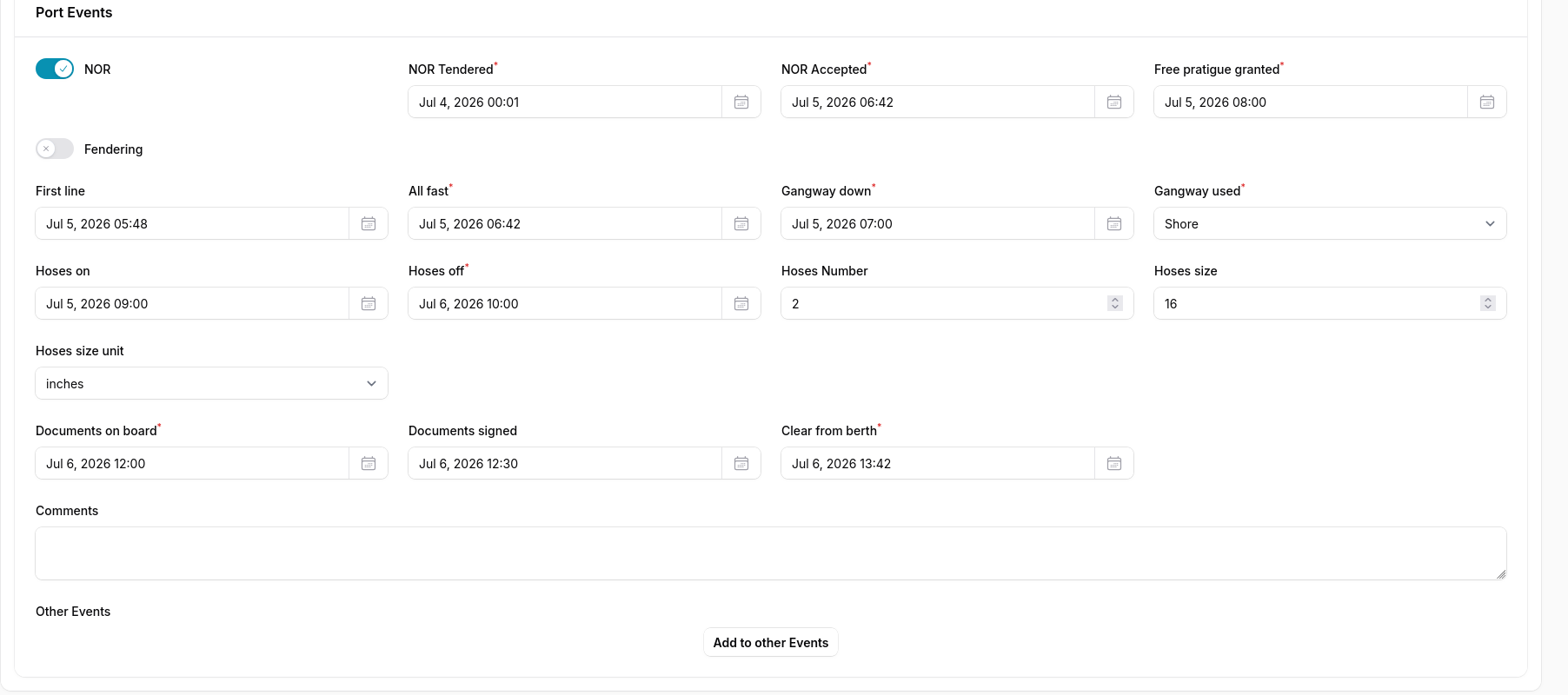 Structured port log form capturing port events from NOR to clear from berth